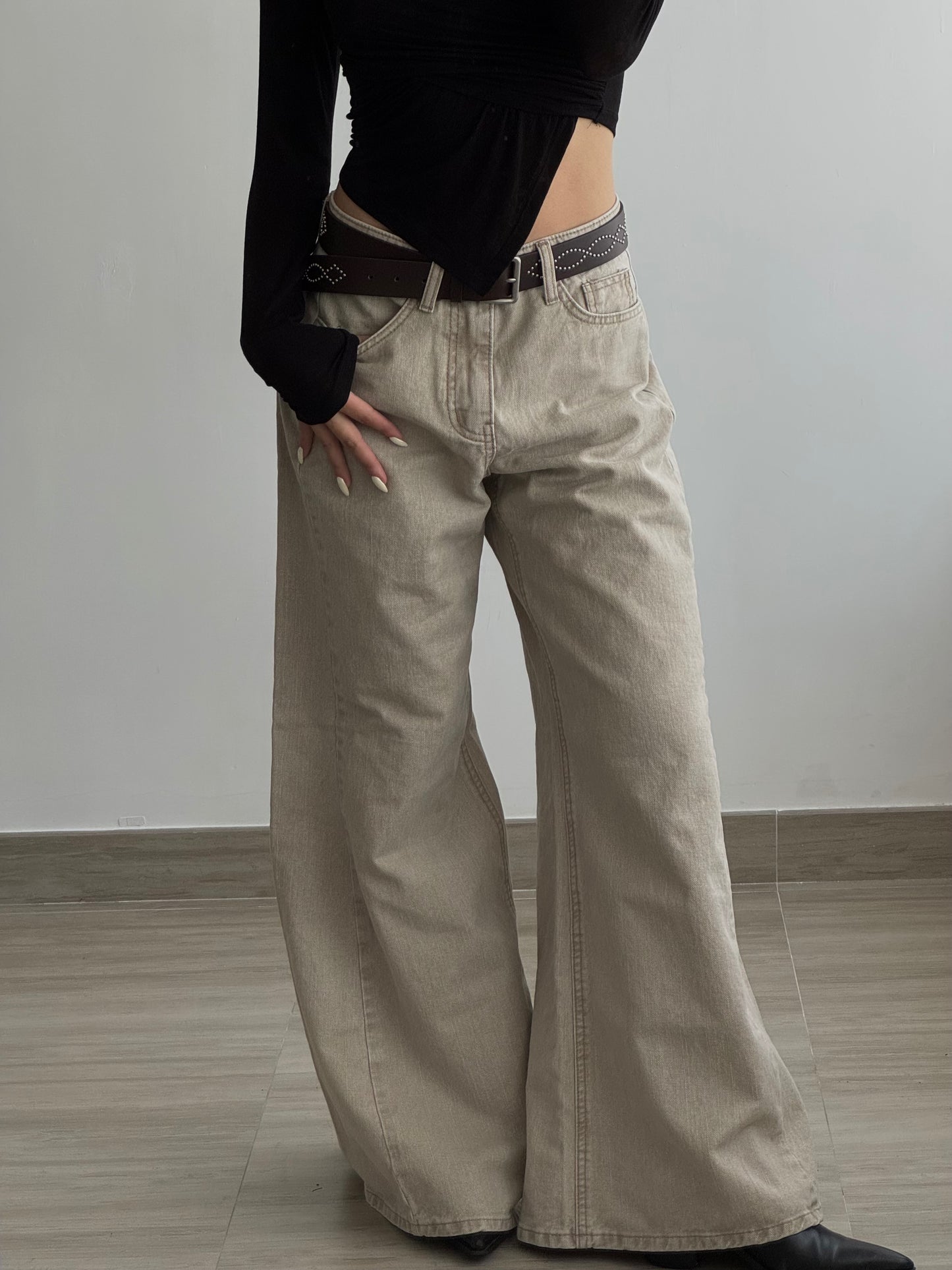 Beige Grey Flare Jeans